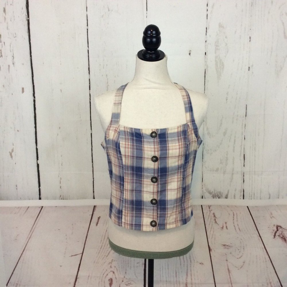 🎉3/$18 Others Follow Plaid Halter‎ Crop Top Blue Tan Button Front Smocked Back